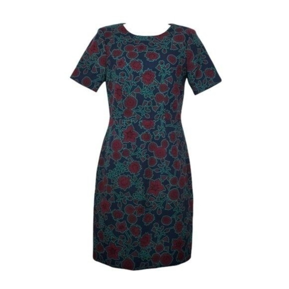 J.Crew Factory Short Sleeve Blue Burgundy Floral Print Sheath Dress Size 00